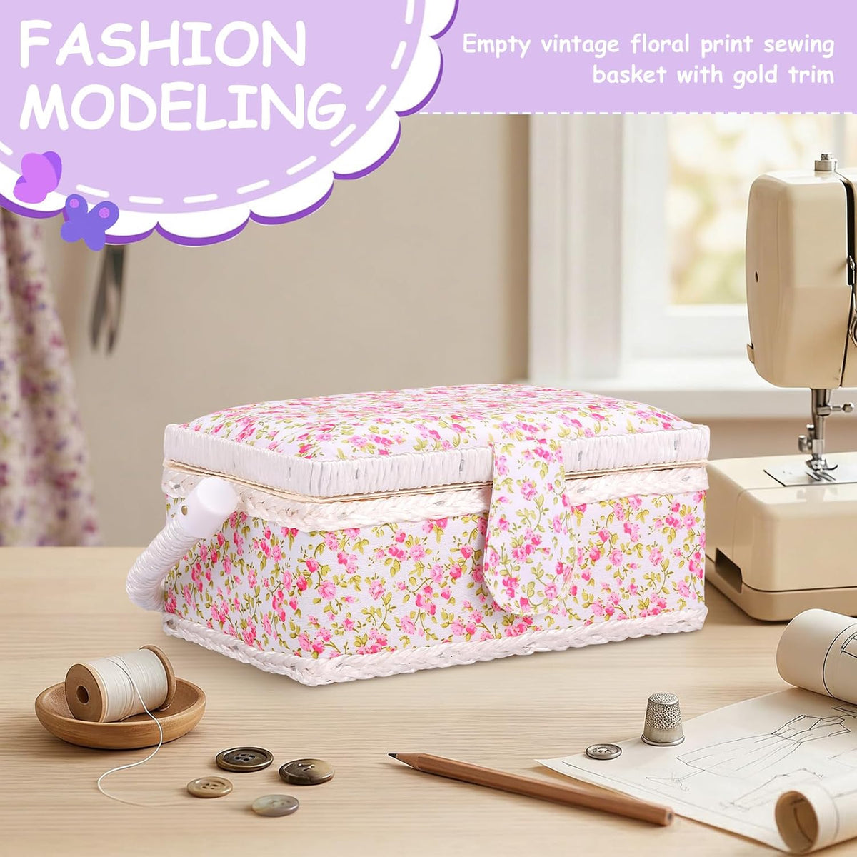 Vintage Floral Sewing Basket with Organizer Tray, Portable Sewing