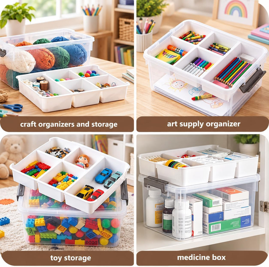 Clear Plastic Storage Box 17 QT with Removable Tray, Craft Organizer