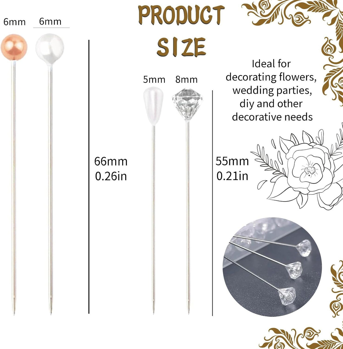 500Pcs 4 Styles Bouquet Pins Flower Pin Pearl Head Pins Crystal