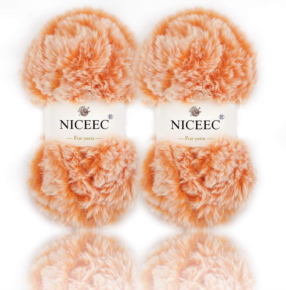 NICEEC 2 Skeins Soft Faux Fur Yarn 70yds,3.53oz- Orange