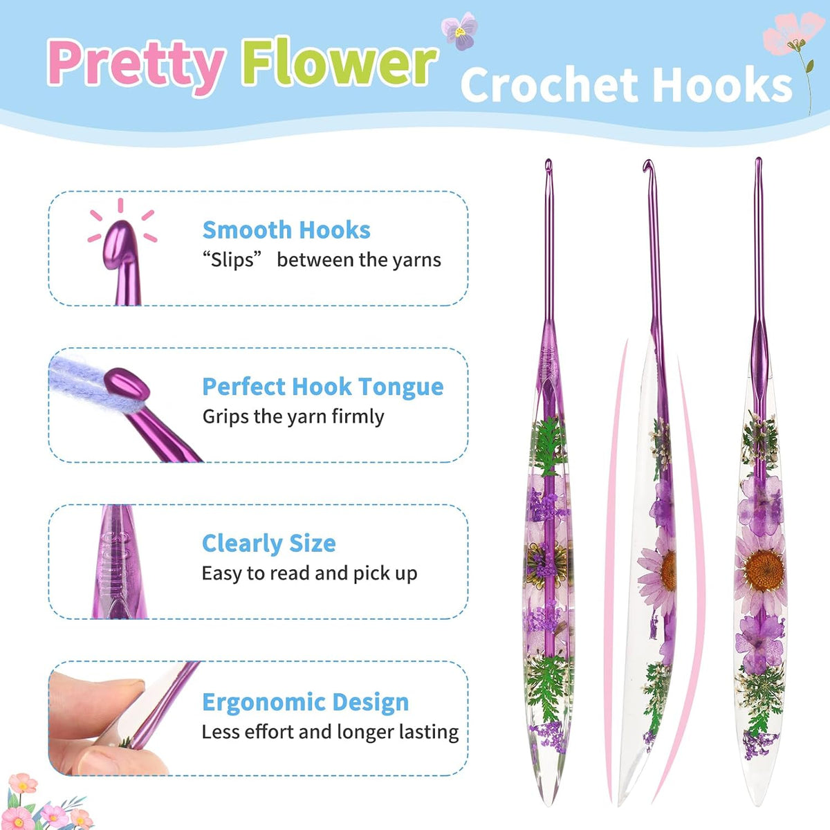 Coopay Crochet Hooks, 3mm Ergonomic Crochet Hook with Floral Plastic