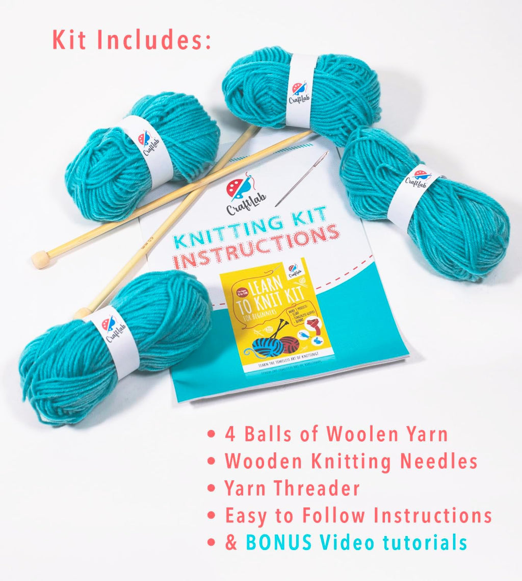 CraftLab Knitting Kit - Beginner Knitting Supplies with Wool Yarn