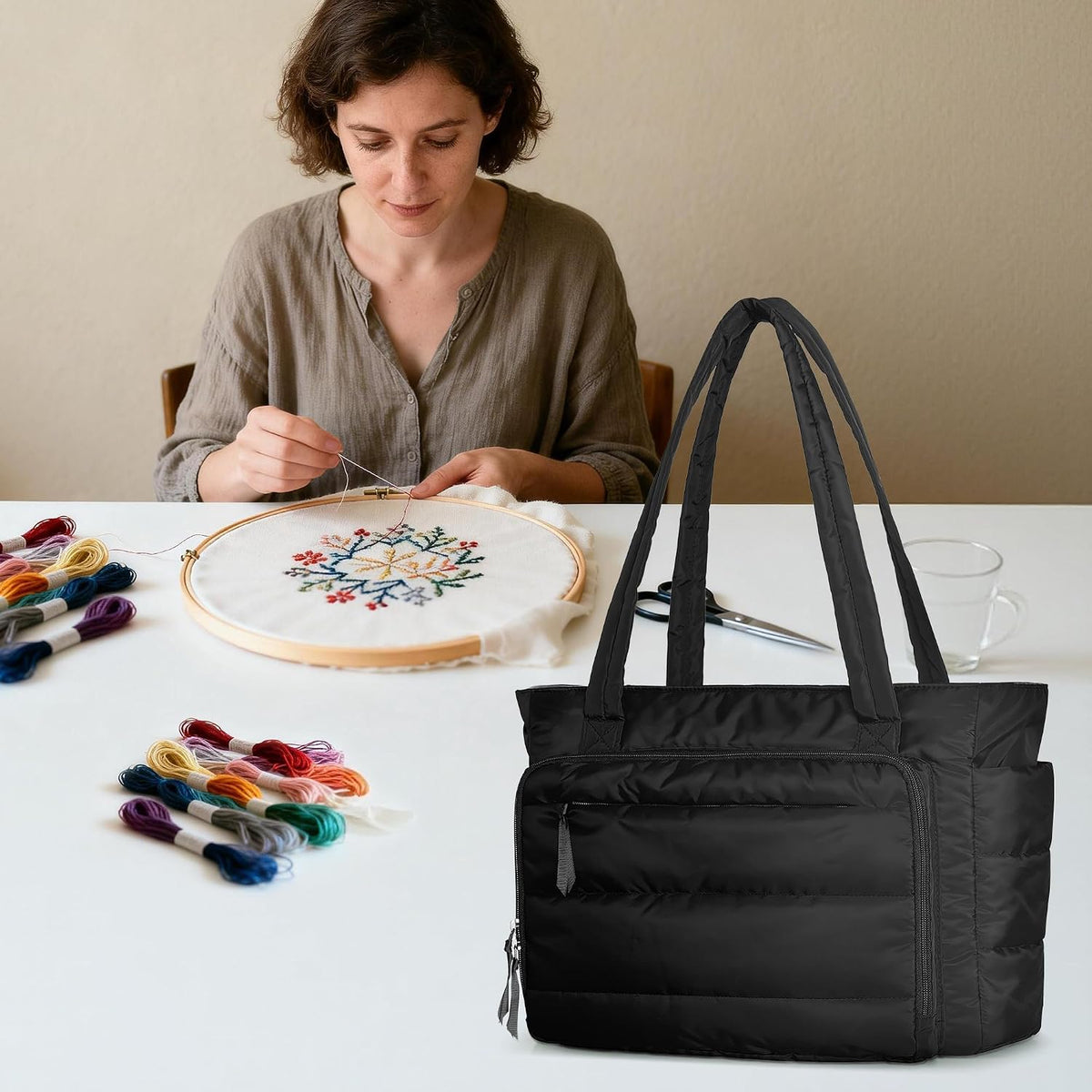 YARWO Puffy Embroidery Project Bag, Quilted Needlepoint Kit Storage