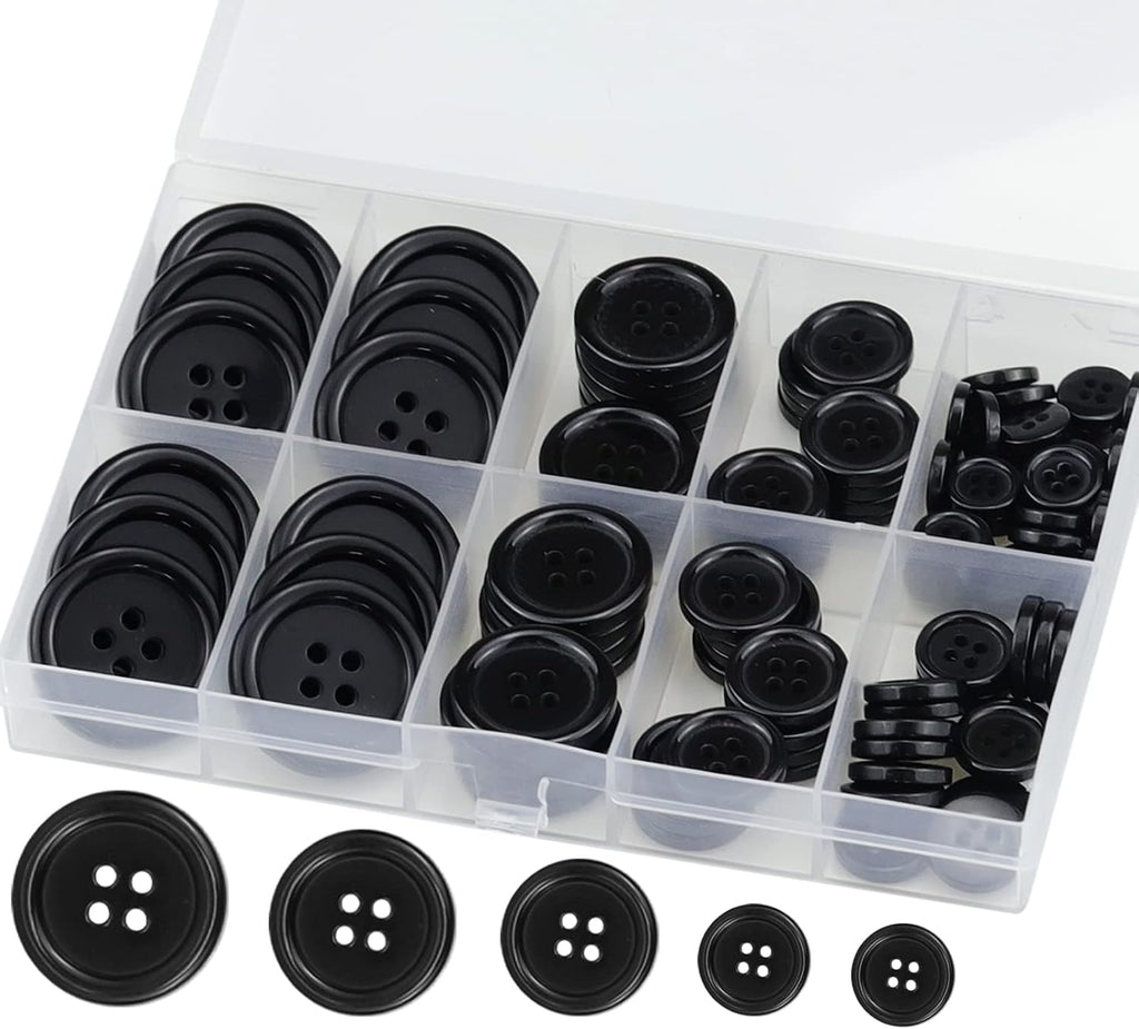 100 Pcs Premium Black Round Resin 4-Hole Sewing Buttons, 5 Sizes