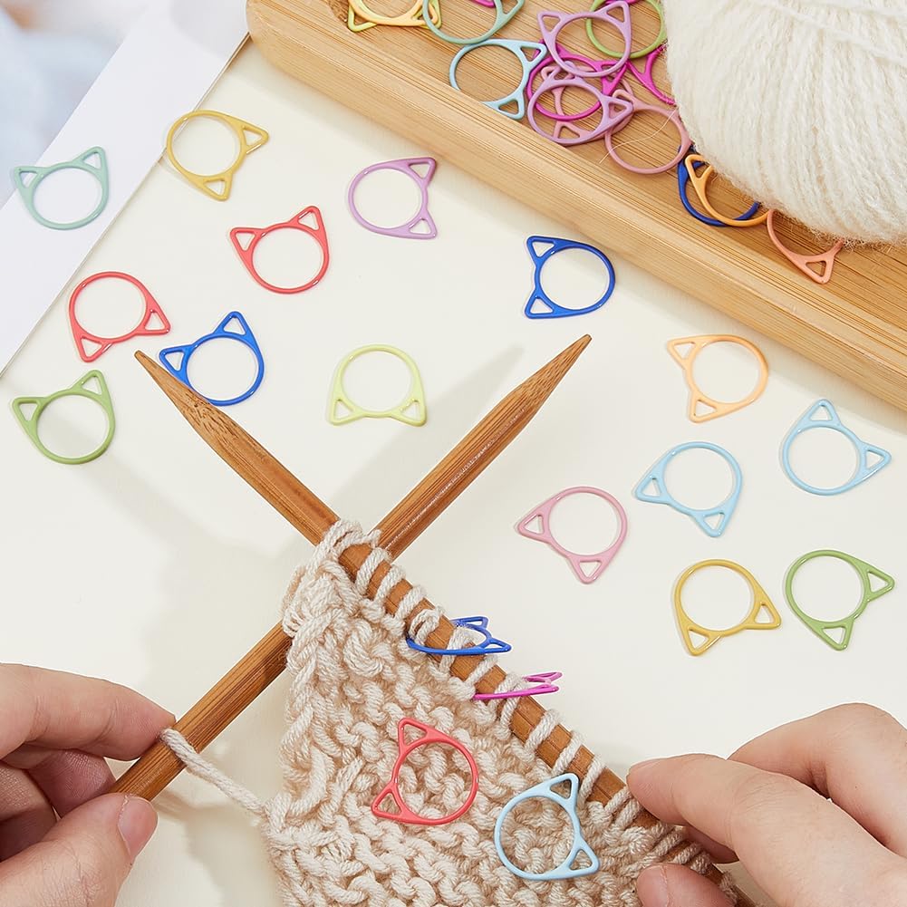 Hobbspring 96Pcs Cat Head Stitch Markers 12 Colors Baking Painted Iron