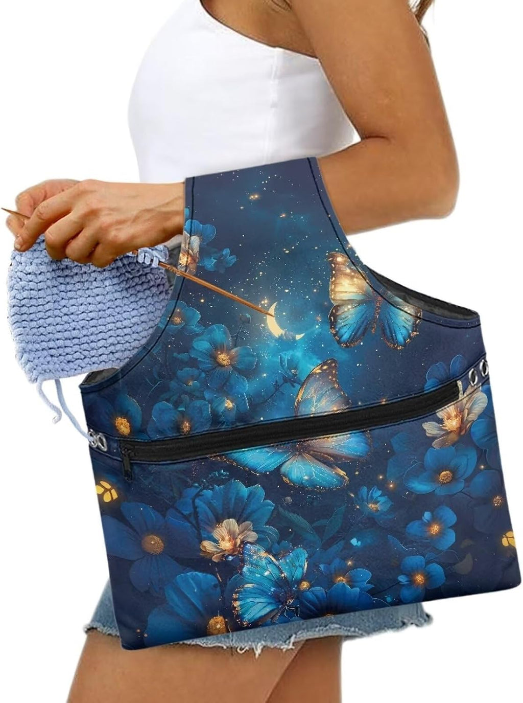 Snilety Blue Butterfly Embroidery Project Carrying Bag Portable