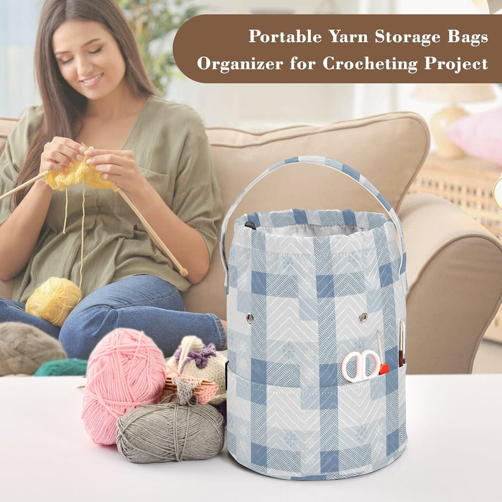 GuoChe Christmas Light Blue Snowflake Herringbone Crochet Yarn Bag