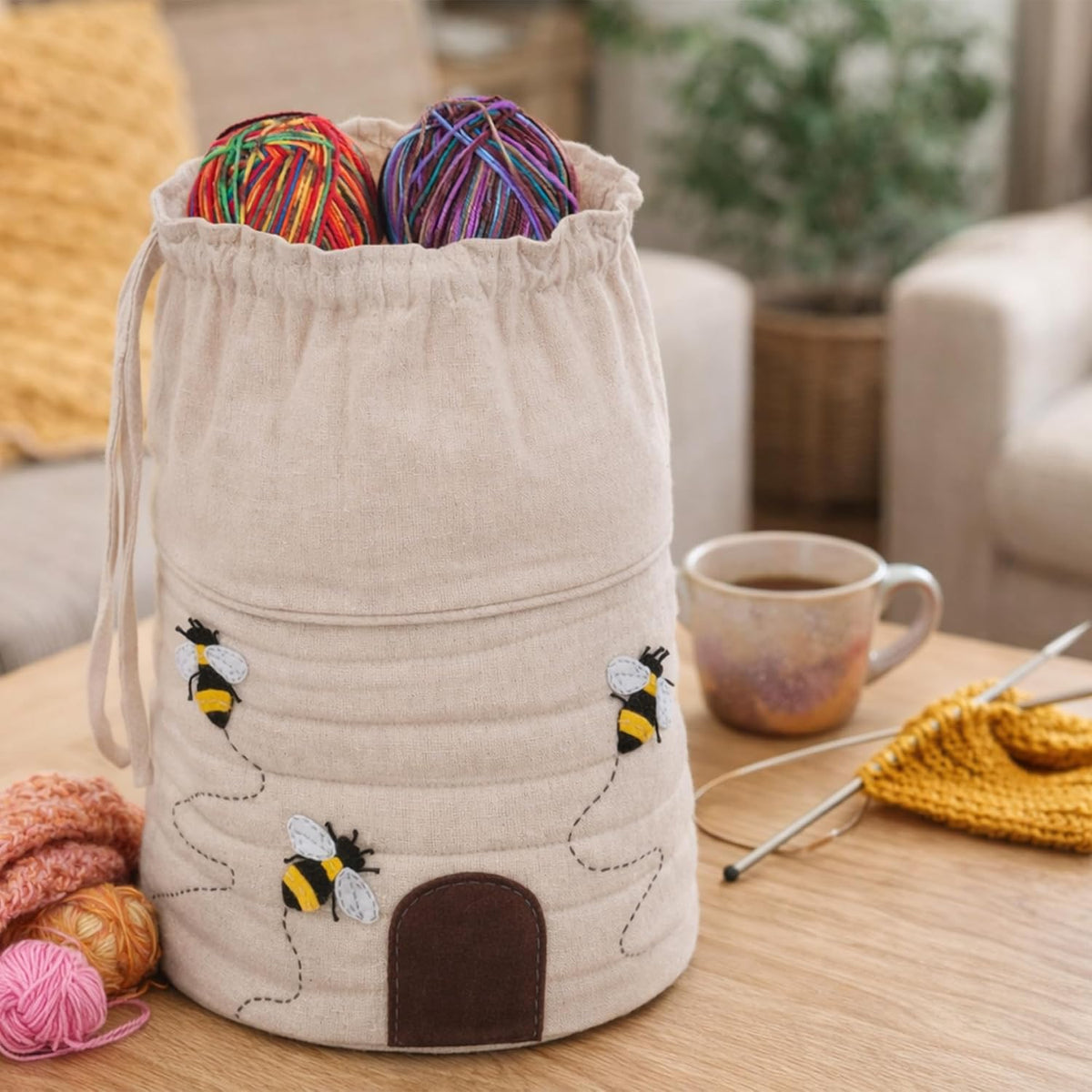 Hobby Gift Drawstring Project Bag for Knitting & Crochet, Cotton Yarn