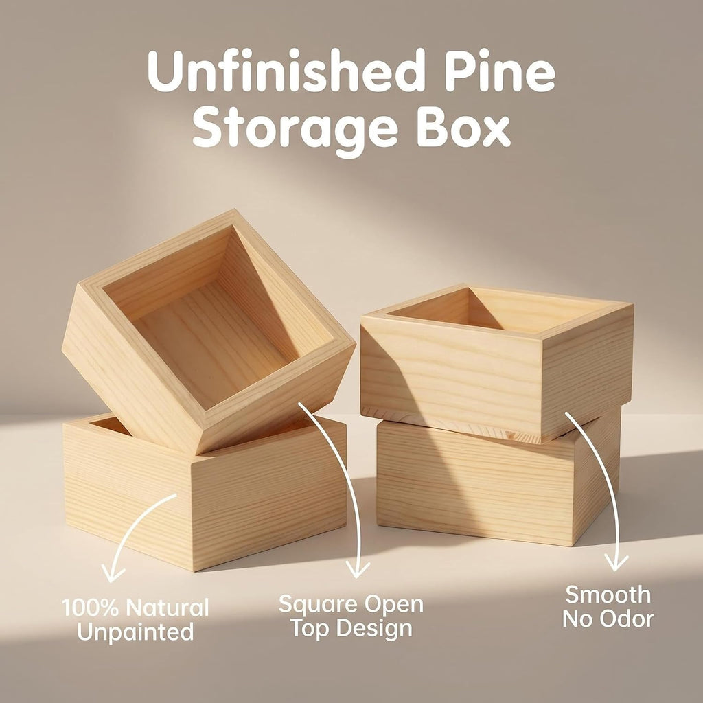 4 Pack Square Unfinished Pine Wood Storage Boxes, Natural Wooden