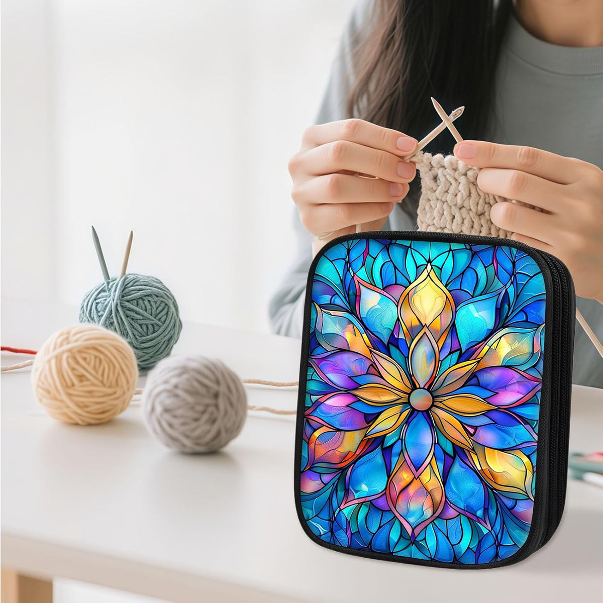 ETLKJVBL Crochet Hook & Knitting Needle Organizer Case, Stained Glass