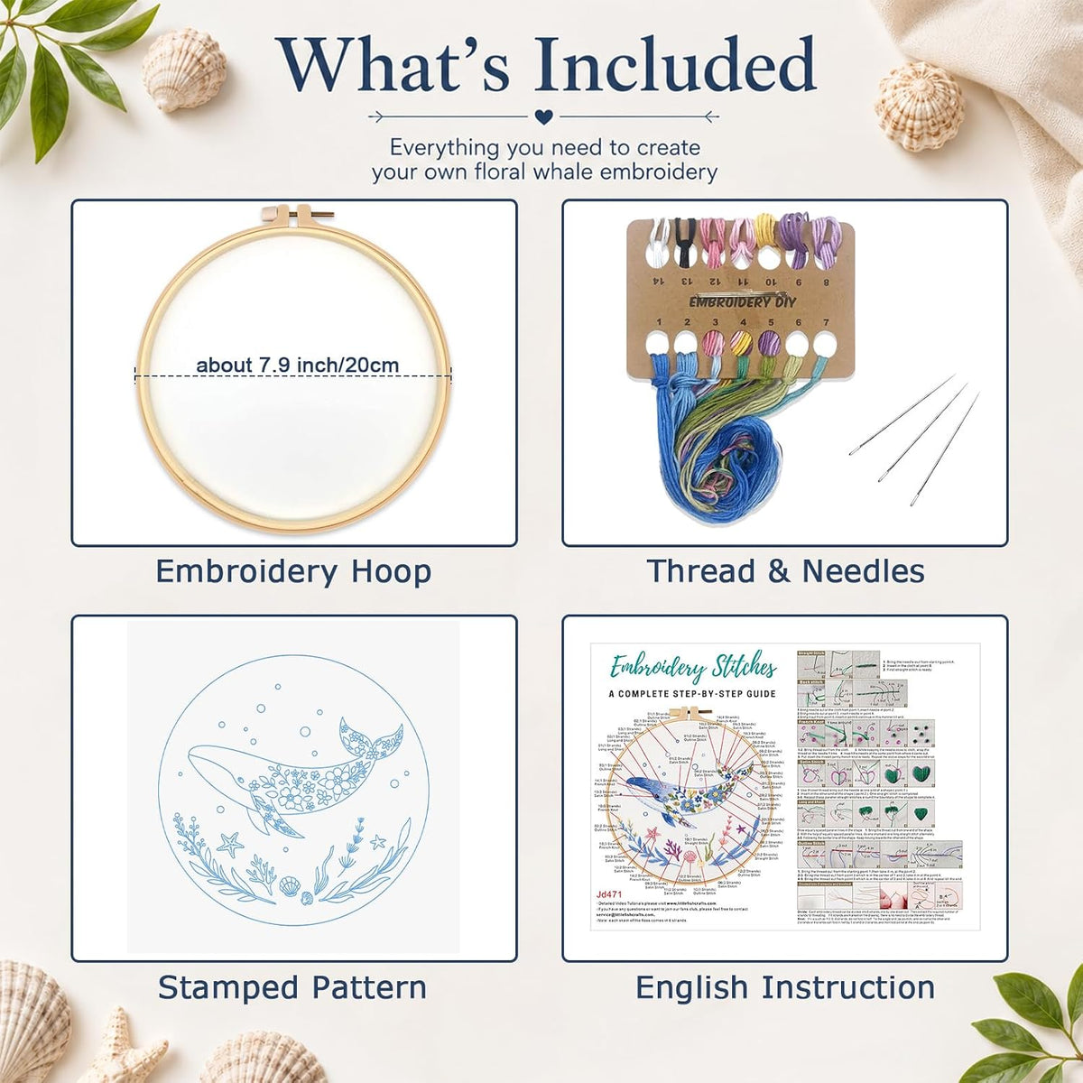 Louise Maelys Embroidery Kit for Beginners, Whale Ocean Needlepoint