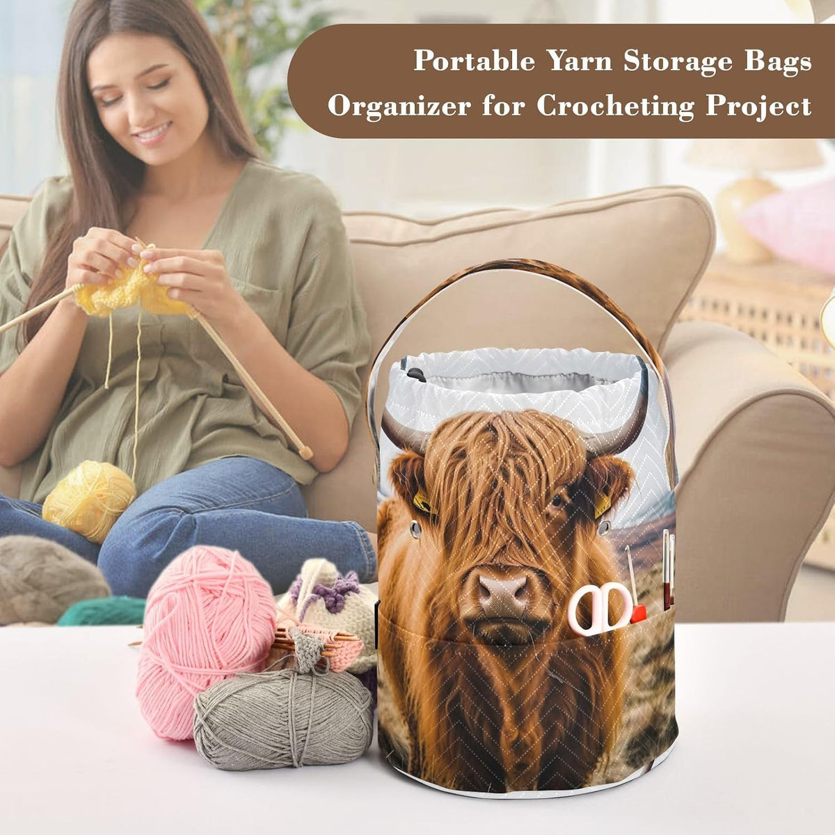 YETTASBIN Highland Cow Yarn Storage Bag, Large Crochet Knitting Bag