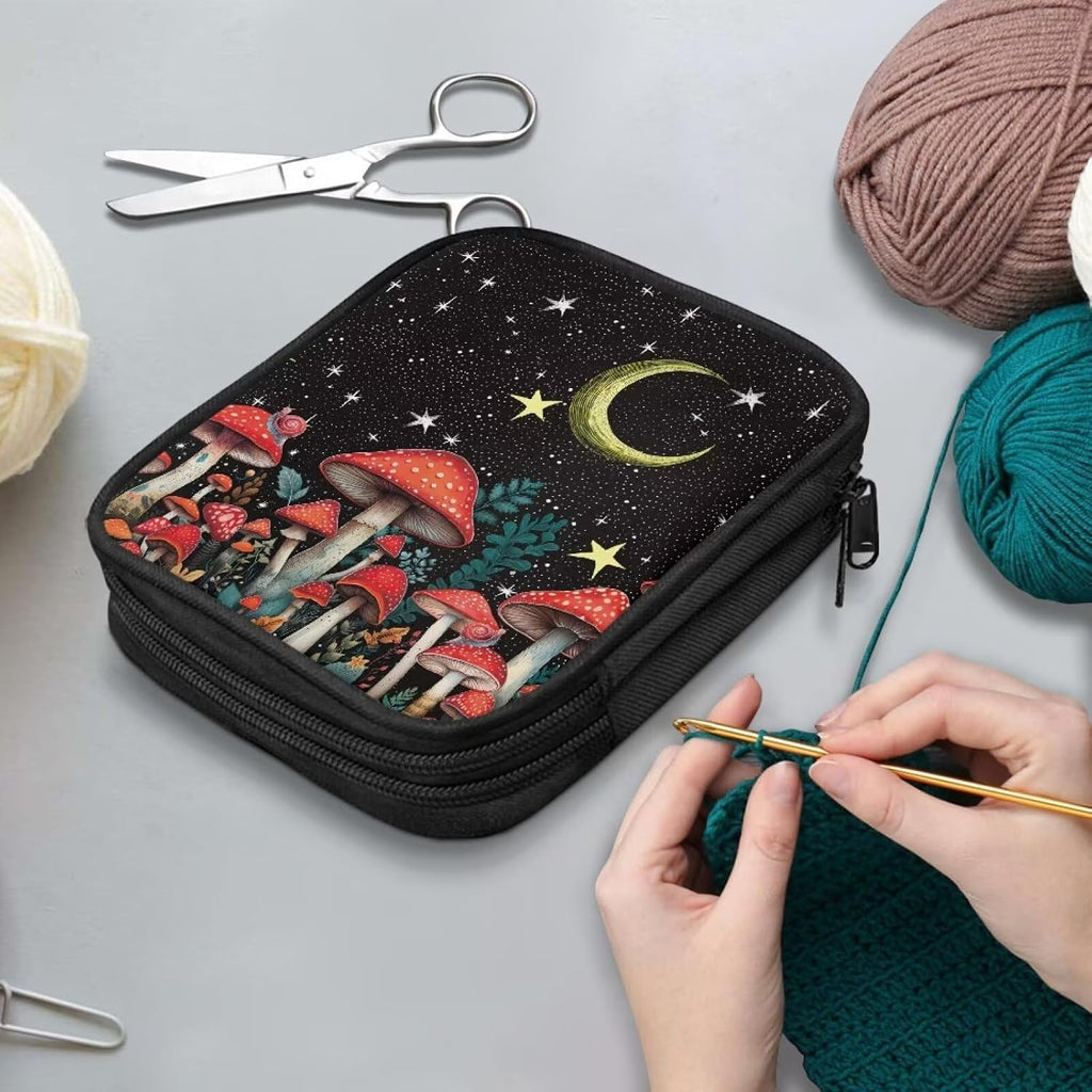 Mushroom Moon Crochet Hook Case - Empty Zipper Bags Organizer with Web