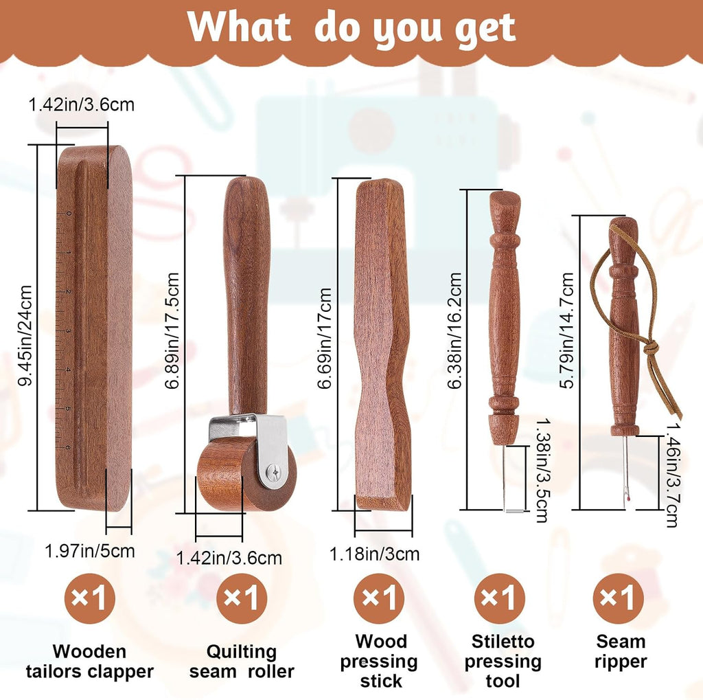 AceOrbit 5 Pcs Wooden Clapper Sewing Quilting Tool Set, Complete Set