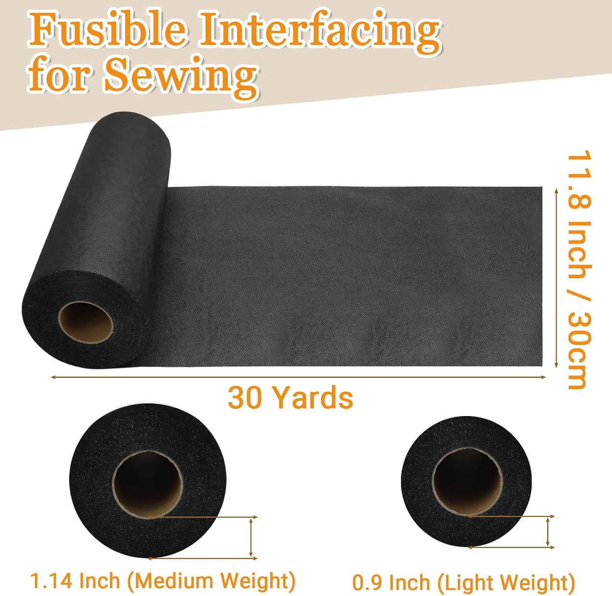 Qjaiune Medium Weight Fusible Interfacing, 11.8 Inch x 30 Yards, Black
