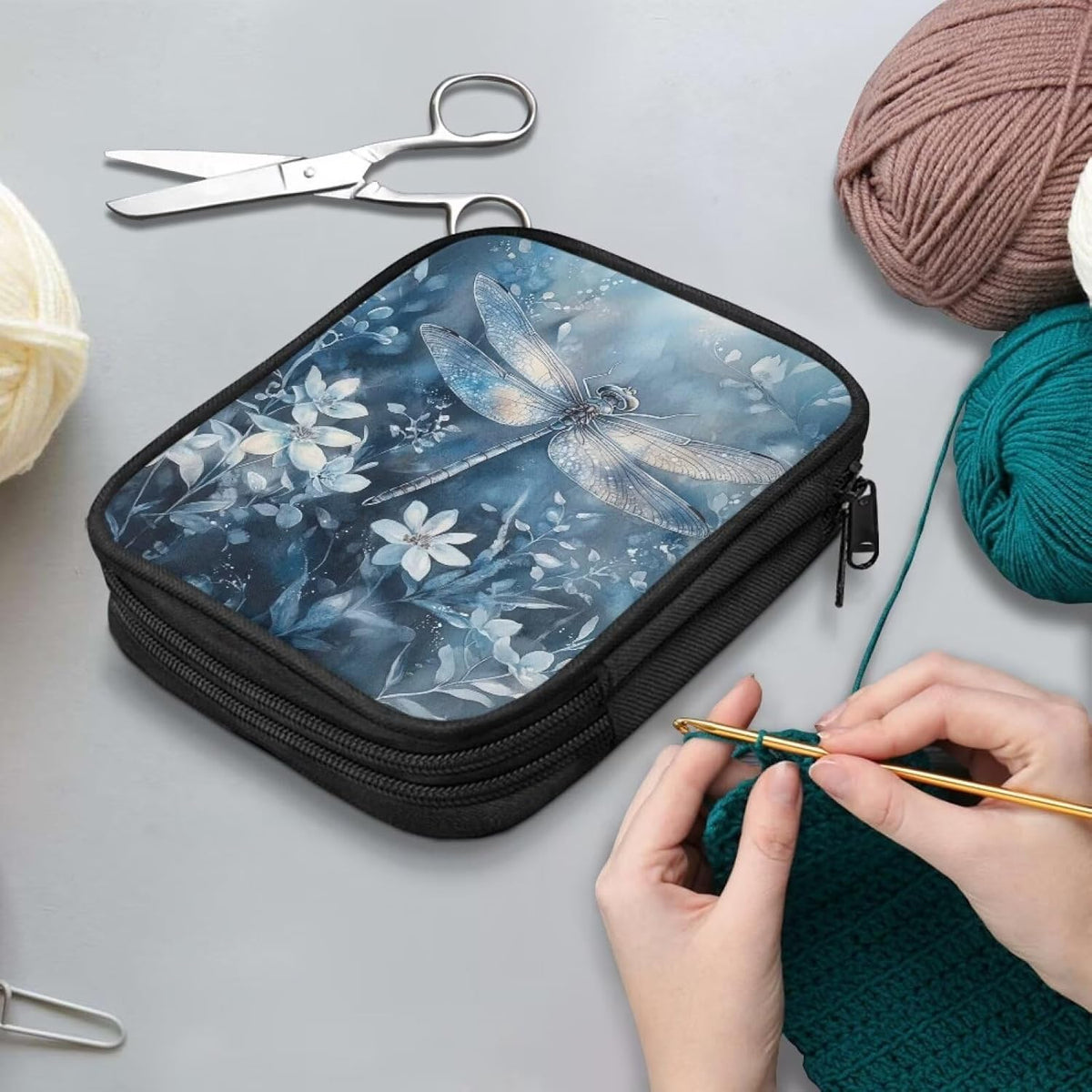 Dragonfly Crochet Hook Case Portable Floral Crochet Storage without