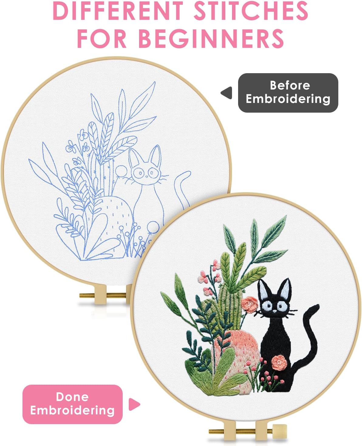 TINDTOP Embroidery Kit for Beginners Adult, Cat Embroidery Kit