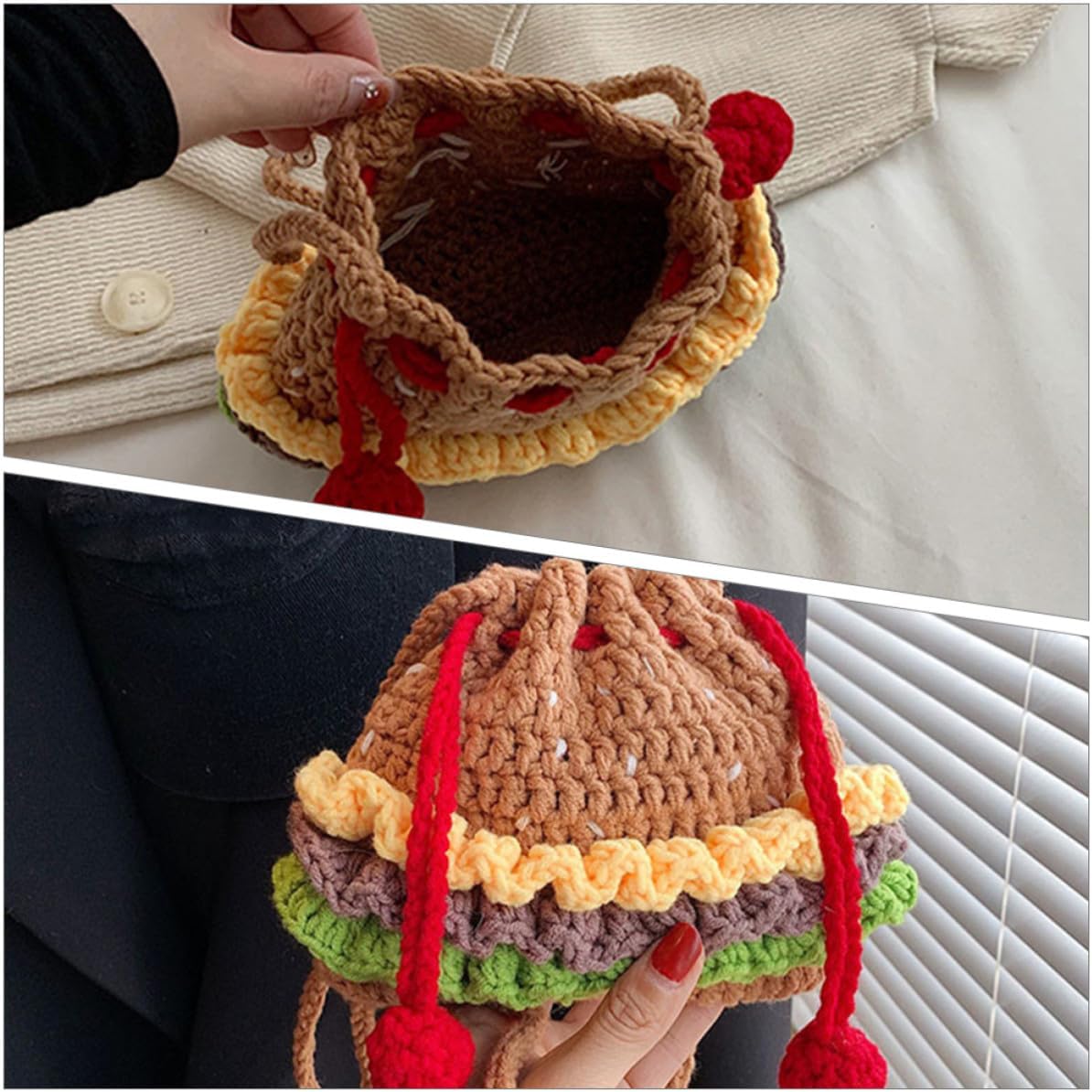 Handmade Knit Drawstring Crossbody Bag for Women and Students Travel