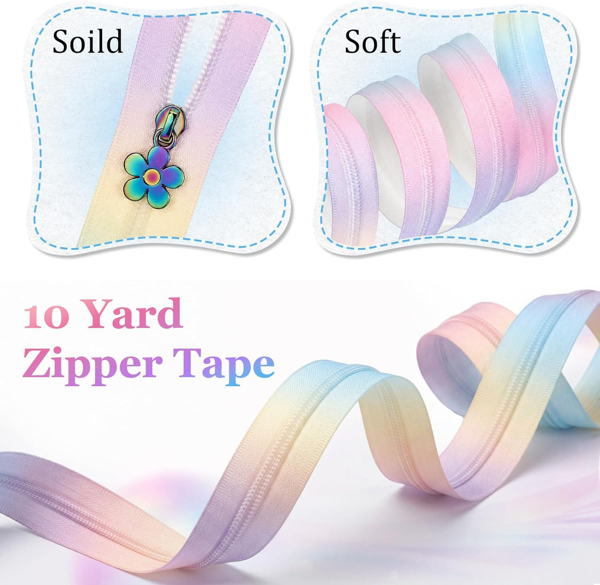 Zeyune #5 Rainbow Zipper Tape 10 Yards 20 Pulls, Gradient, Light Color