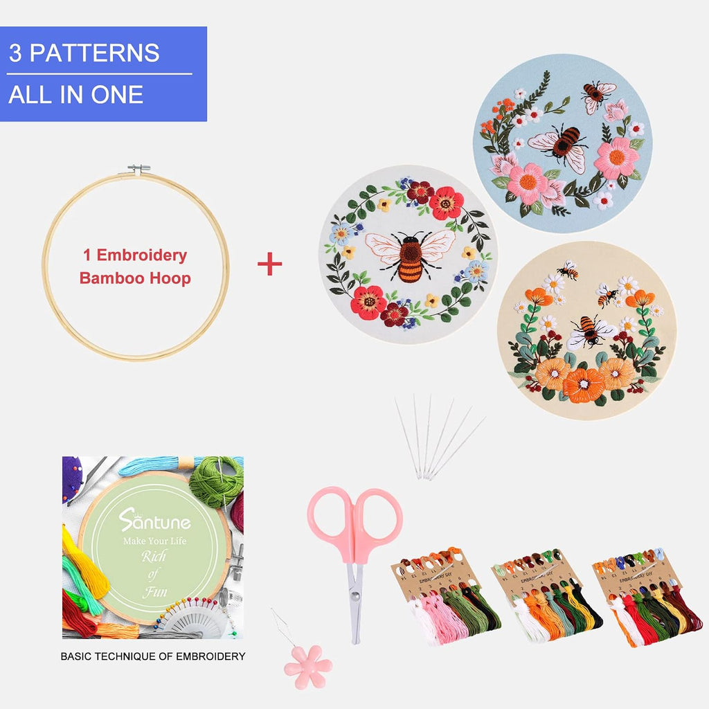Santune 3 Pack Bee Embroidery Kit for Beginners Adult Cross Stitch