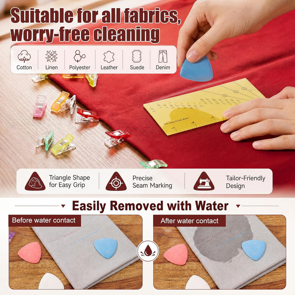 ElaraBerry 10 Pcs Sewing Chalk with 50 Pcs Fabric Clips 1 Seam Guide