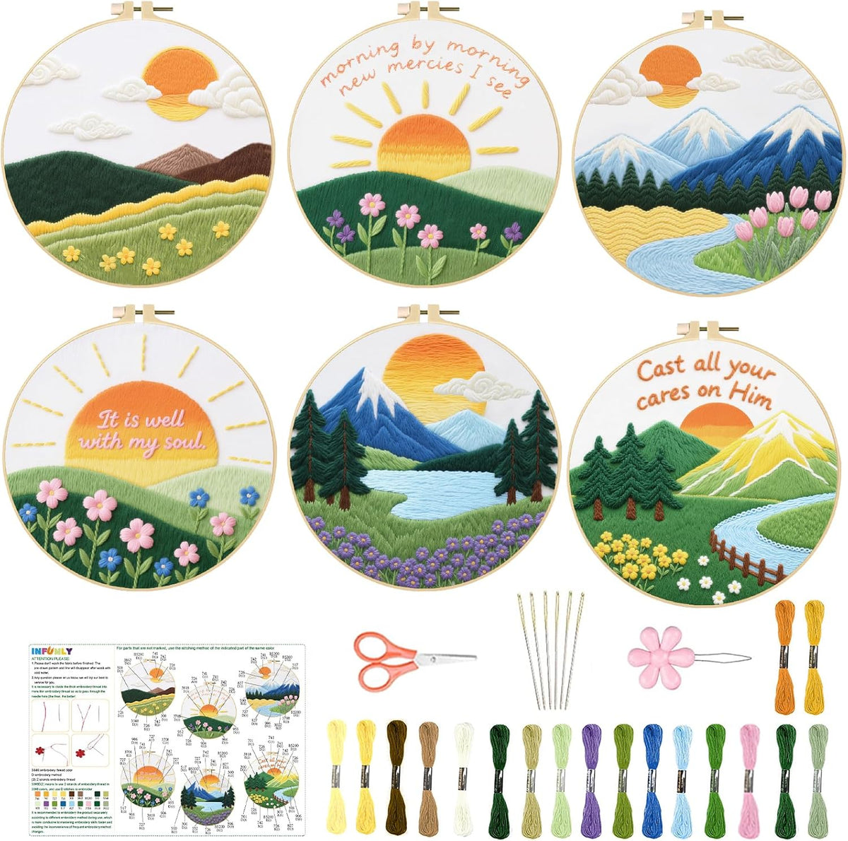 INFUNLY 6 Sets Landscape Embroidery Kit for Beginner Sun Scenery
