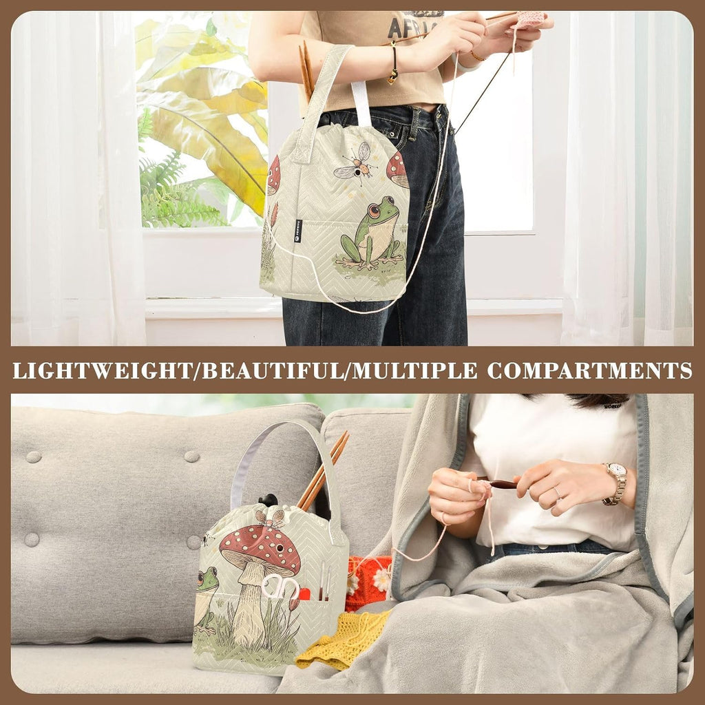 Fustylead Hand Draw Cute Frog and Fly Agaric Knitting Crochet Bag