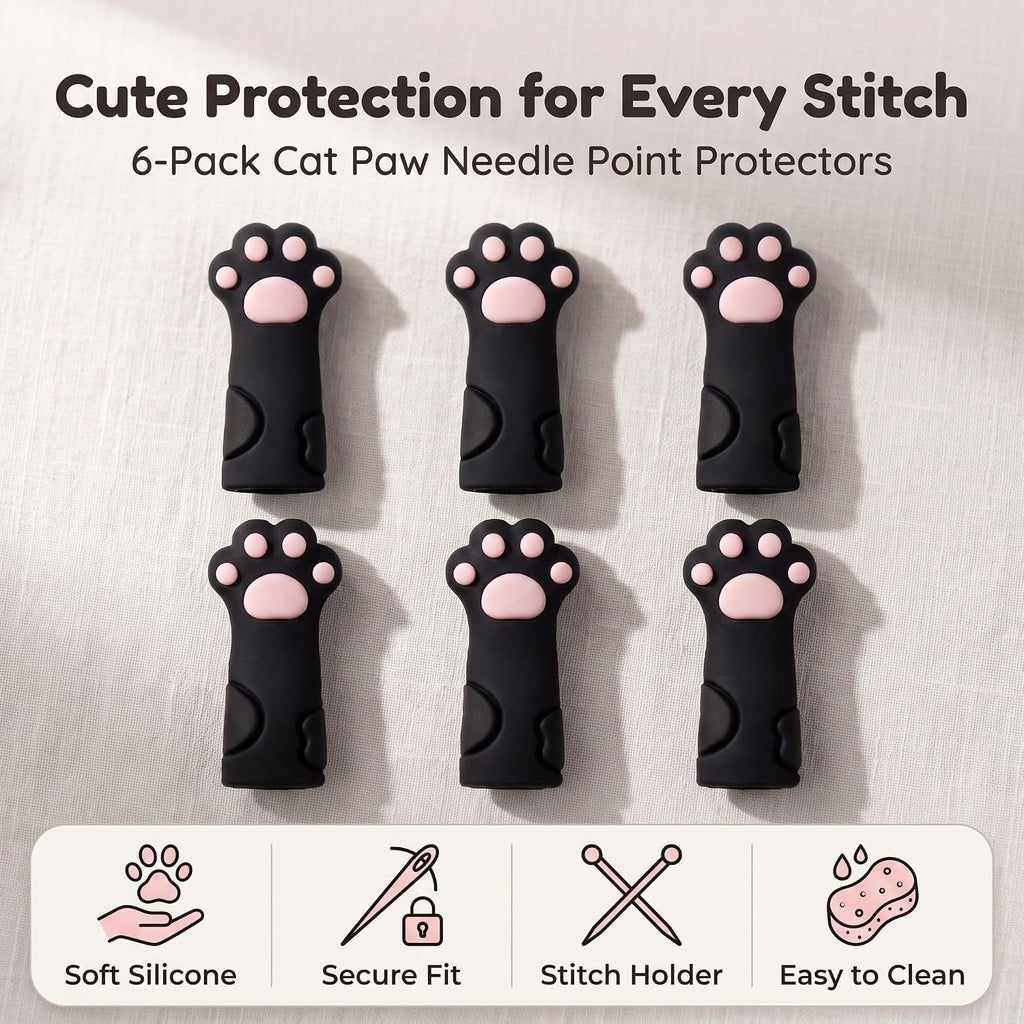 6Pcs Black Cat Paw Knitting Stitch Stoppers,Knitting Needle Tip Covers