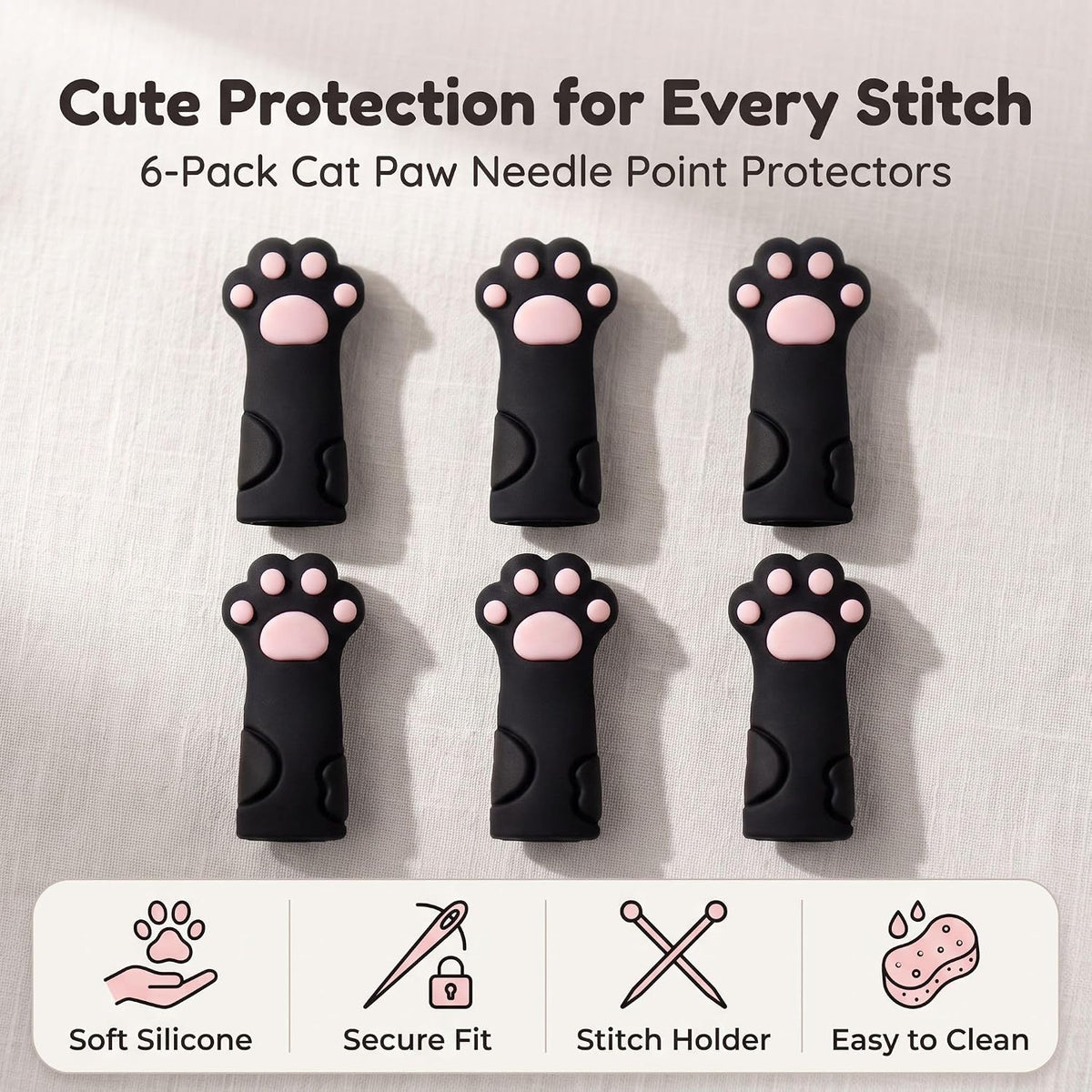 6Pcs Black Cat Paw Knitting Stitch Stoppers,Knitting Needle Tip Covers