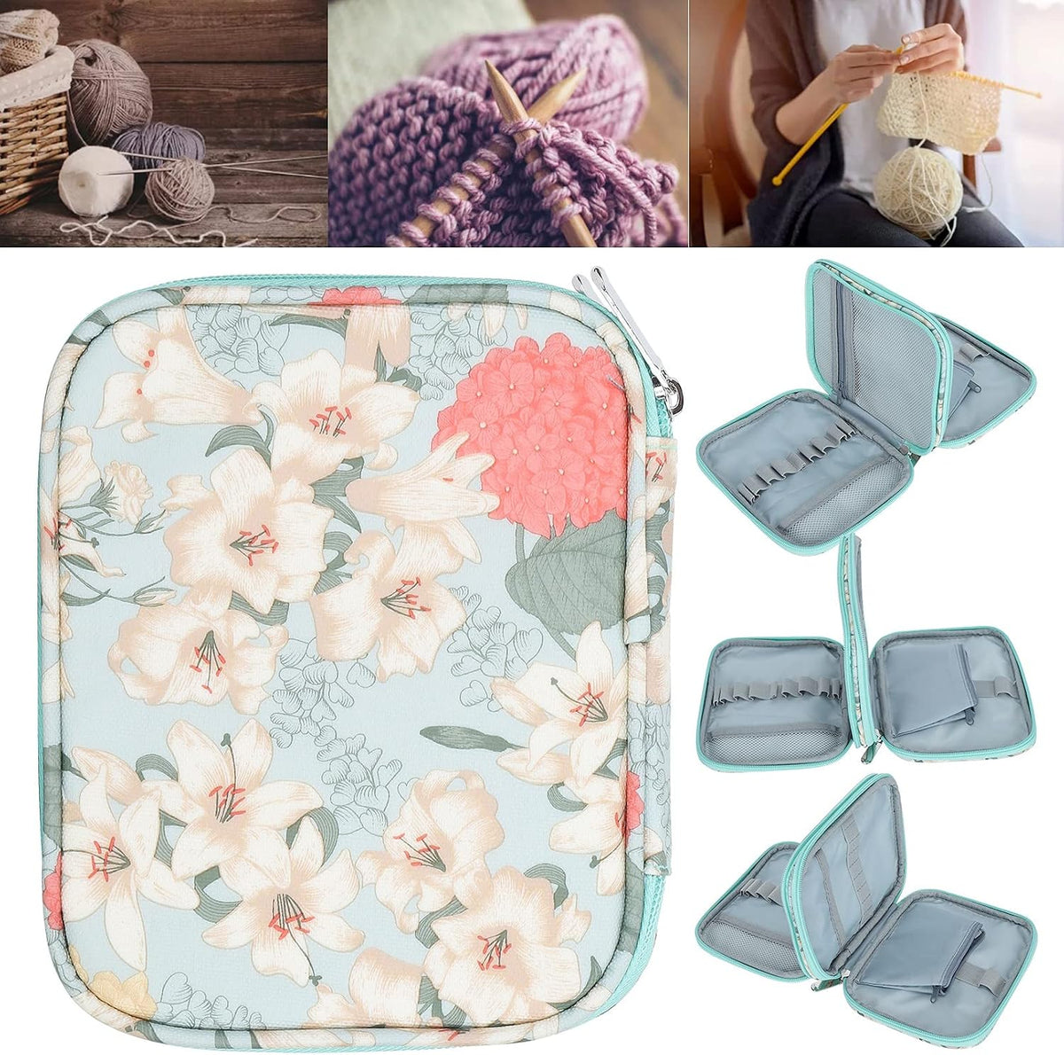 HEEPDD Crochet Hook Organizer Bag, Portable Double Zipper Storage Case