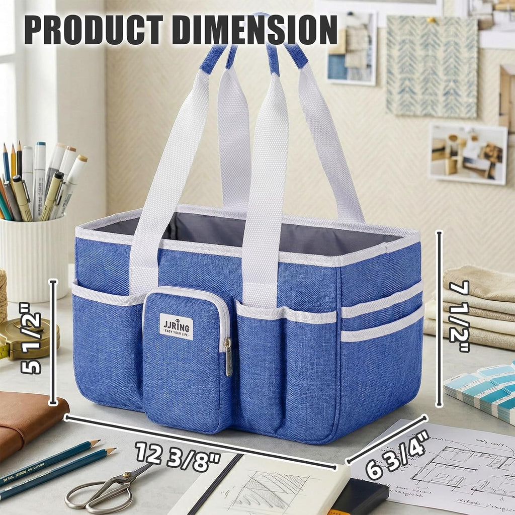 JJRING Foldable Craft Organizer Tote With Zipper & Divider, Blue