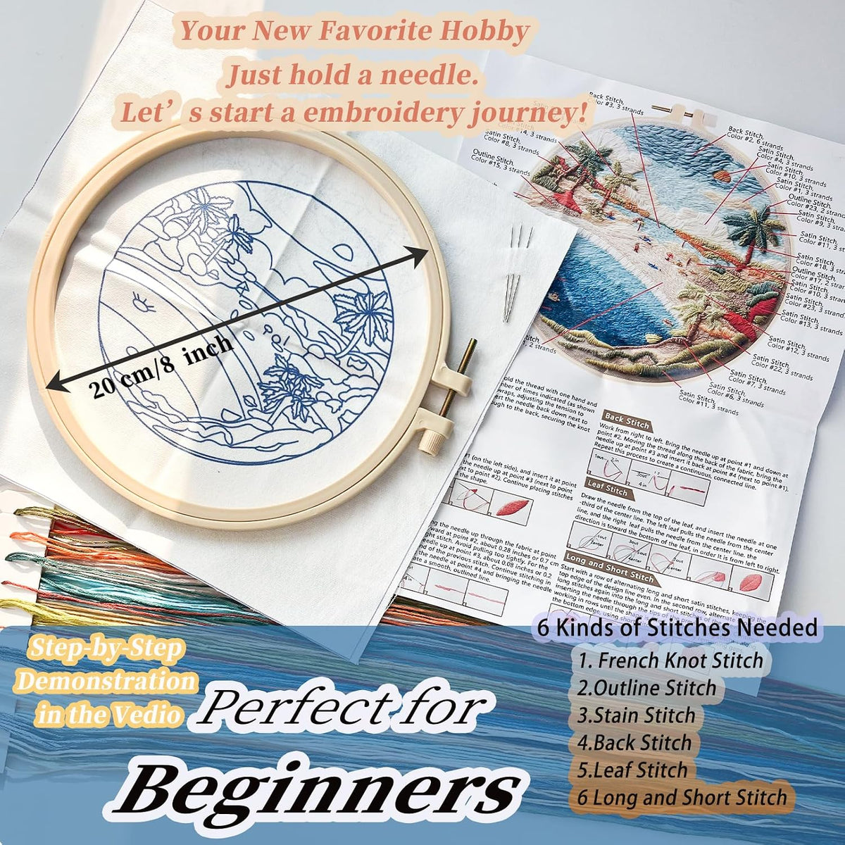 FONNUY Beach Ocean Embroidery Kit, Cross Stitch Kits for Beginners