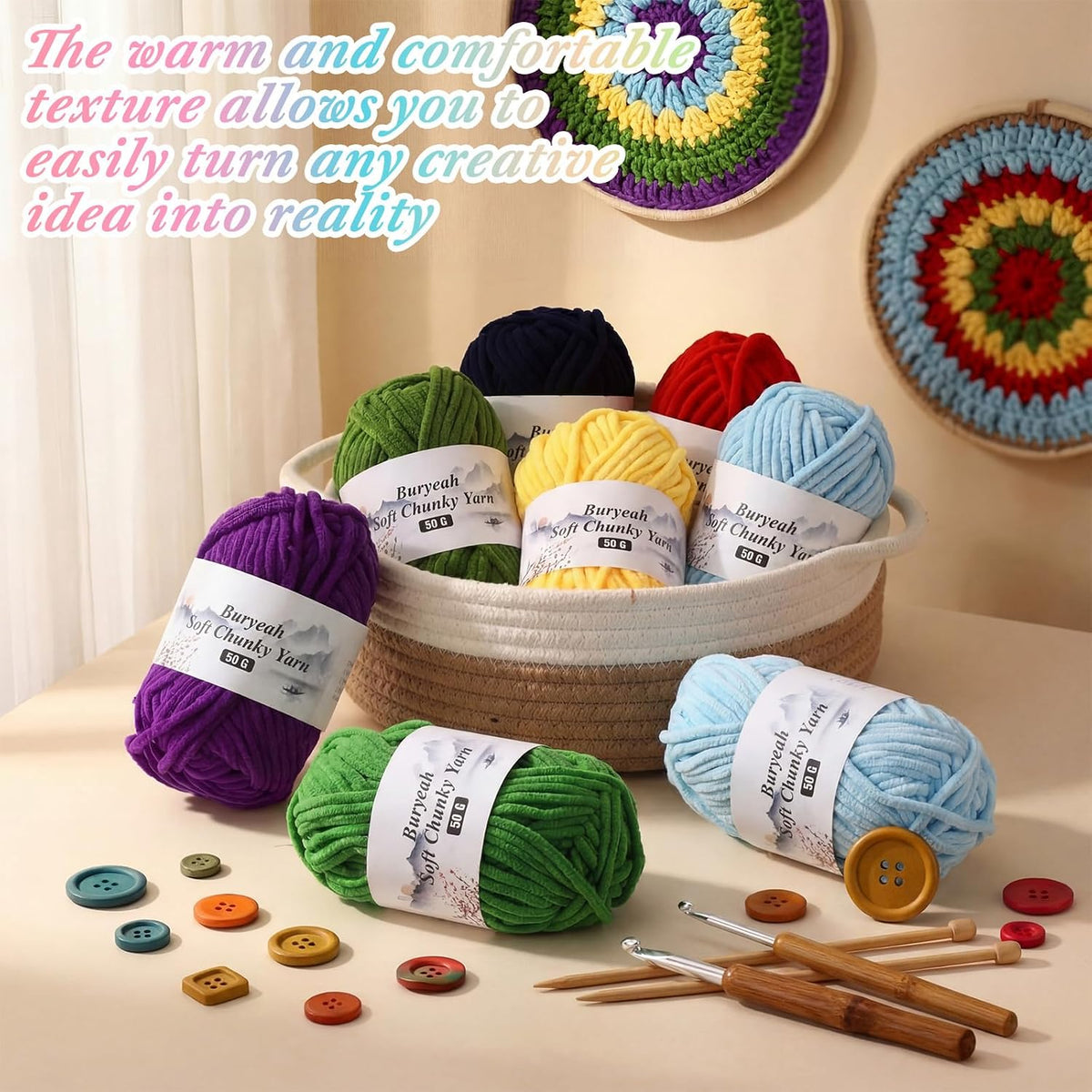 Buryeah 8 Pack #5 Skinny Chenille Yarn for Hand Knitting Rainbow