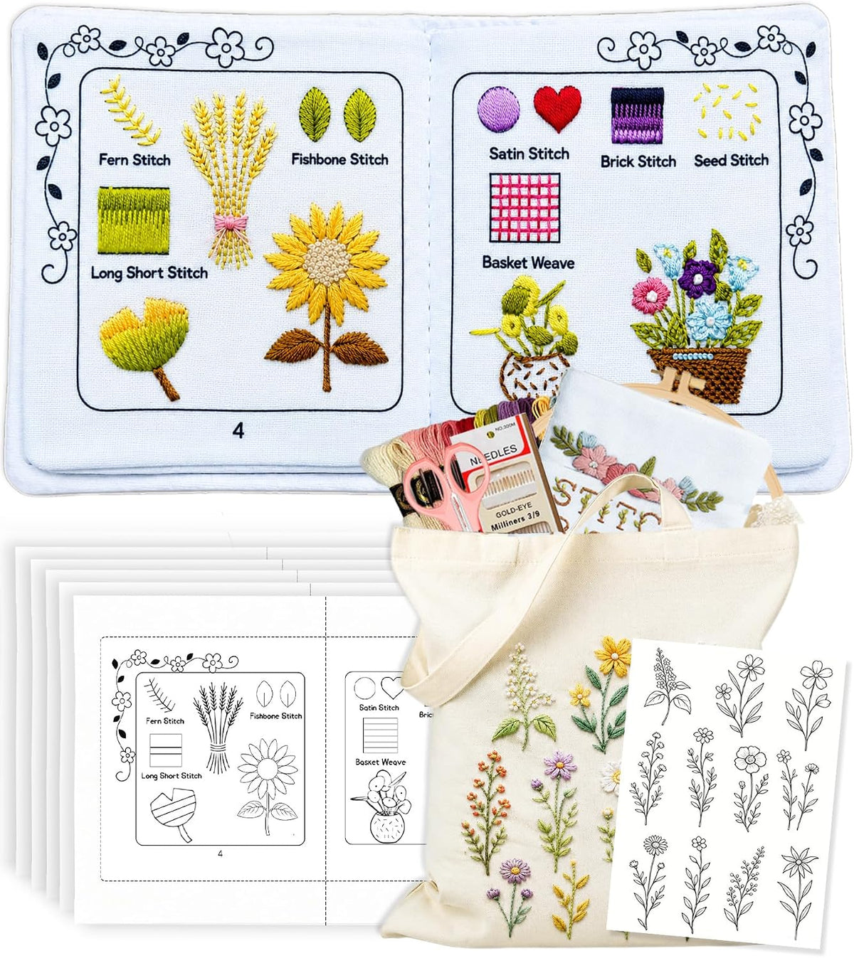 Beginner Embroidery Stitch Book Kit with Portable Canvas Bag for