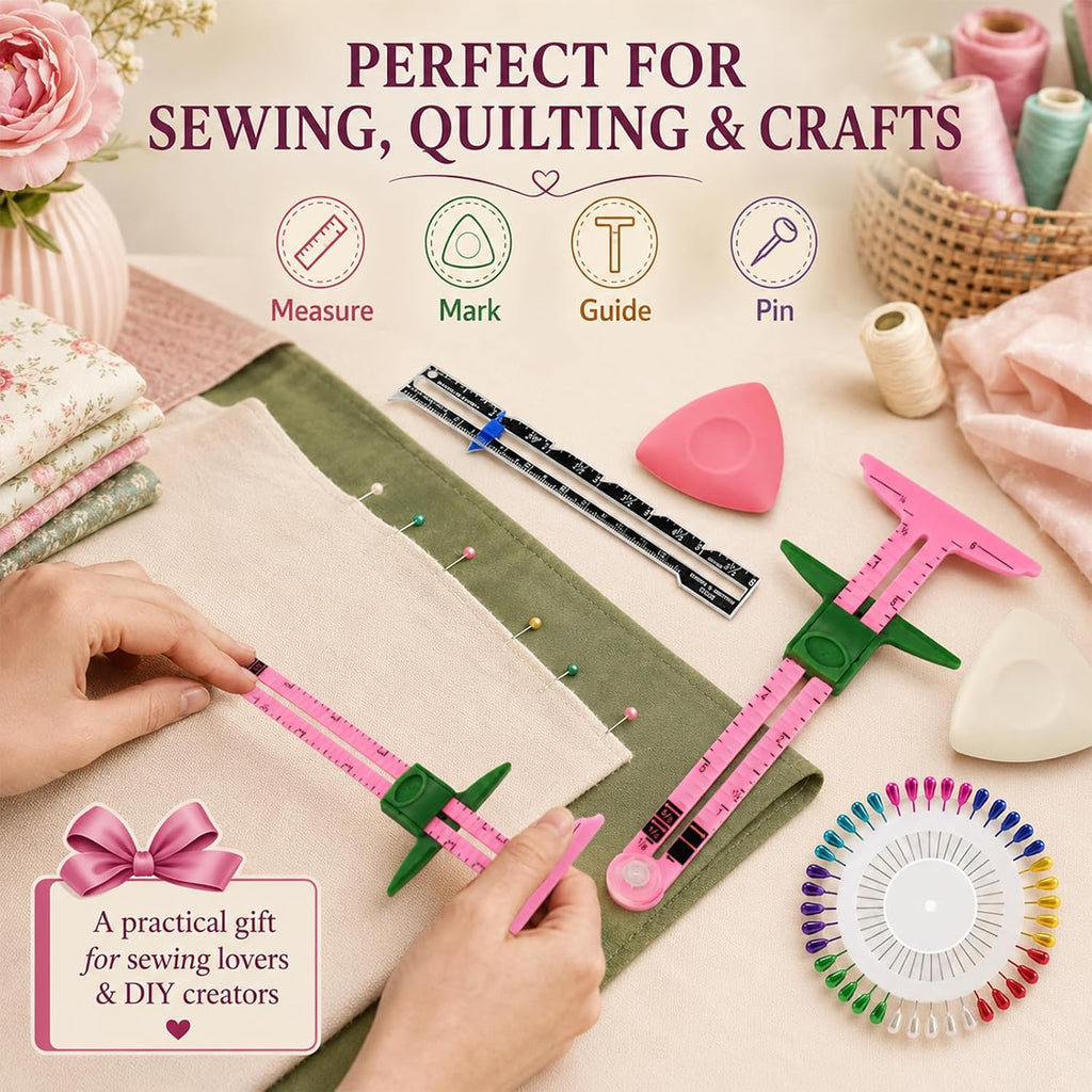 5 Piece Sewing Gauge Set, 5-in-1 Sliding Ruler & Seam Gauge, Pink