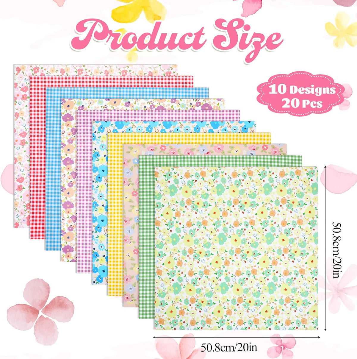 20 Pcs Floral Gingham Quilting Fabric Bundles 20"x20" Spring Flower