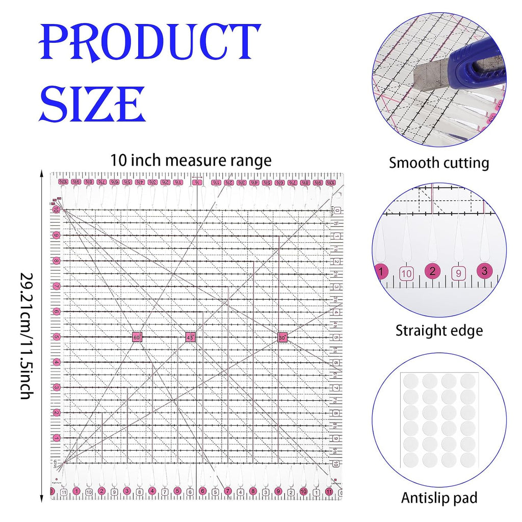 2 Pack Slotted Quilting Ruler 13x11.6 Inch Acrylic with 48 Anti-Slip