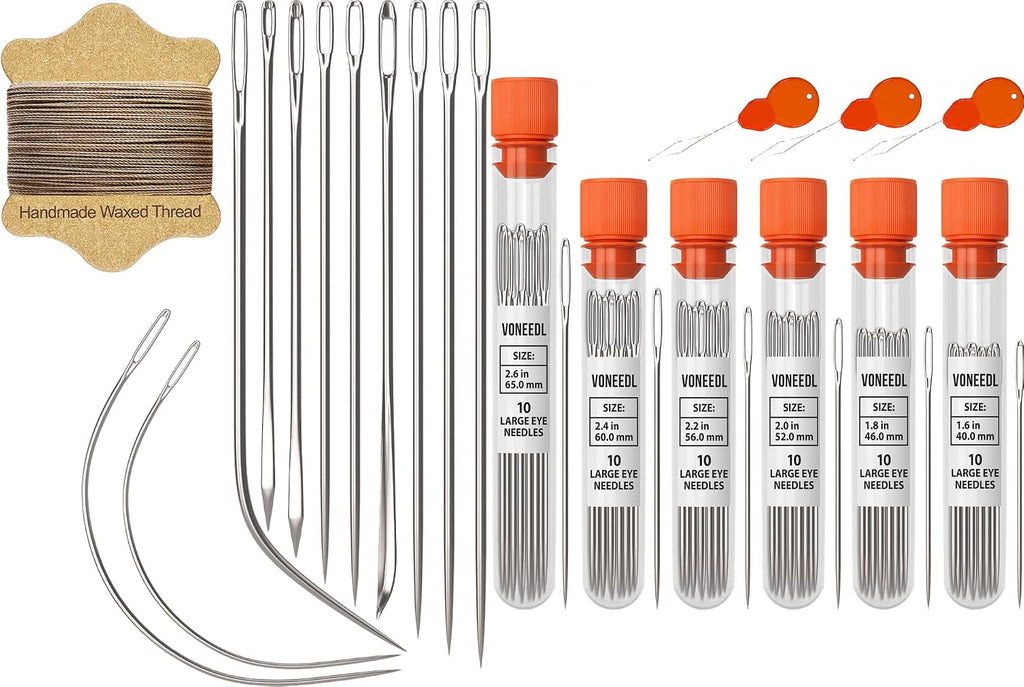 Waxed Sewing Thread (Khaki Color), Heavy Duty Needles (11 PCS) Large