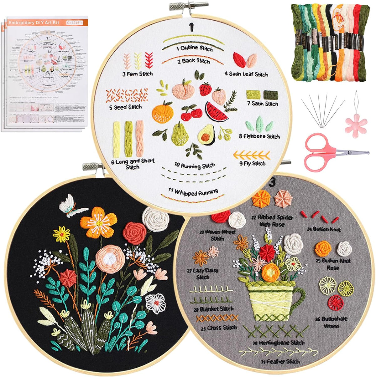 Santune 3 Pack Beginner Embroidery Kits for Adults DIY Starter Kit