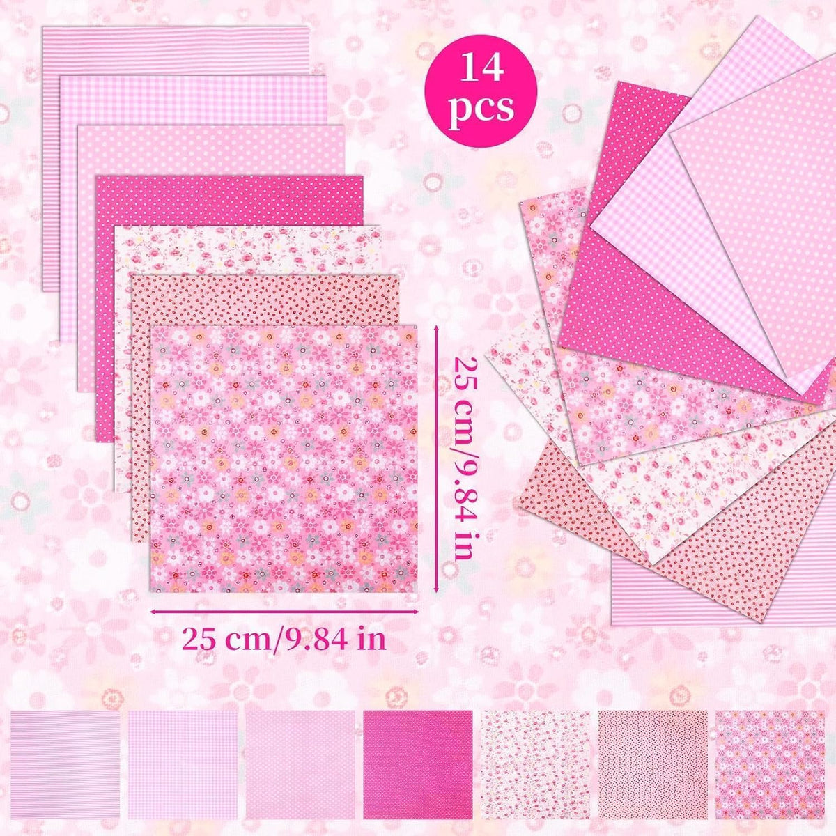 14PCS 10x10 Inch Pink Cotton Fabric Squares for Quilting, Pre-Cut