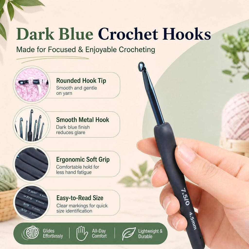Aluminum Crochet Hook Set, 9Pcs 2.0mm-6.0mm Blue Silicone Soft Grips