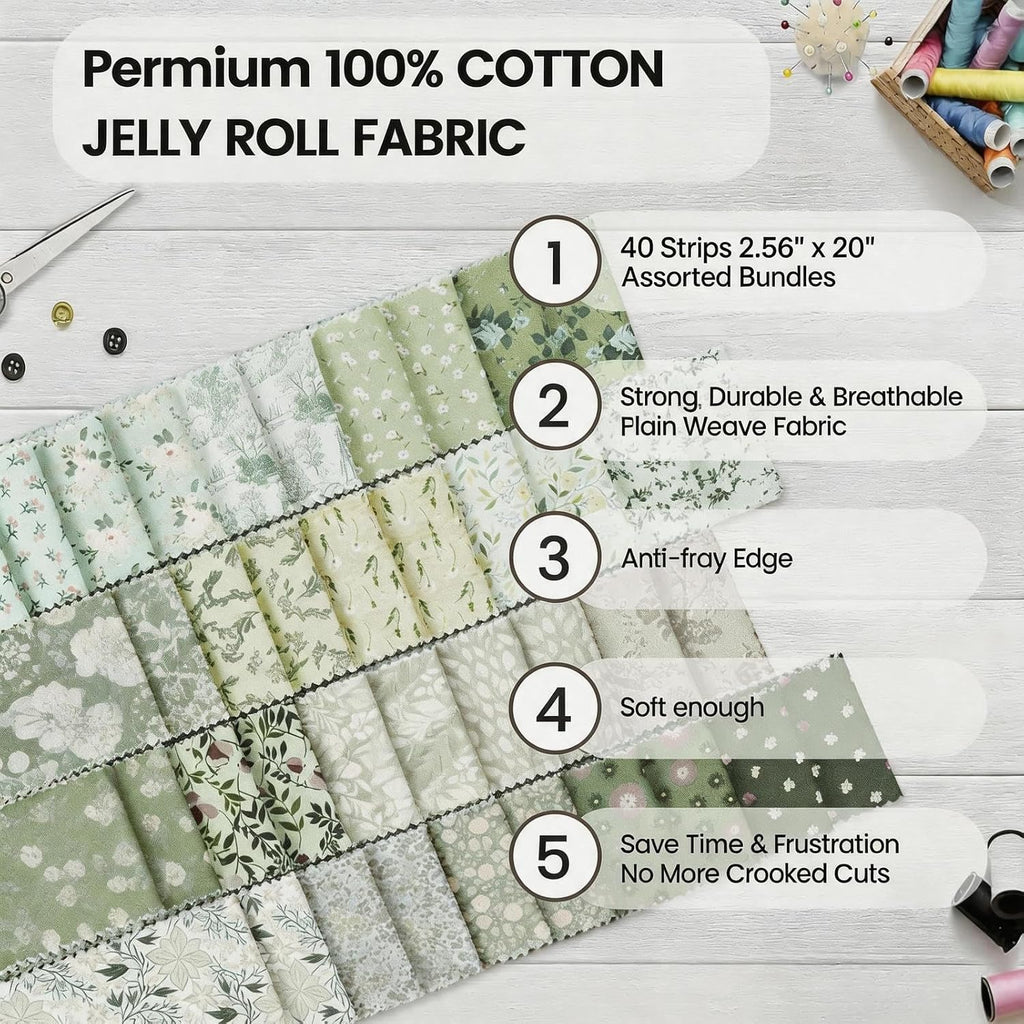 40 Pcs Jelly Roll Fabric Strips for Quilting, Crafting, Sewing, Sage