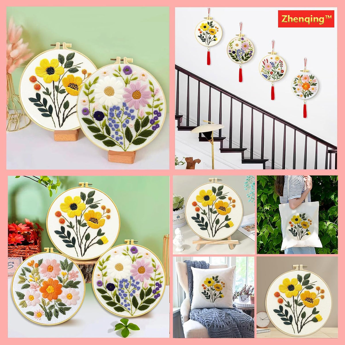 Zhenqing Floral Embroidery Kit for Beginners, 3 Patterns, 7.8in Hoop