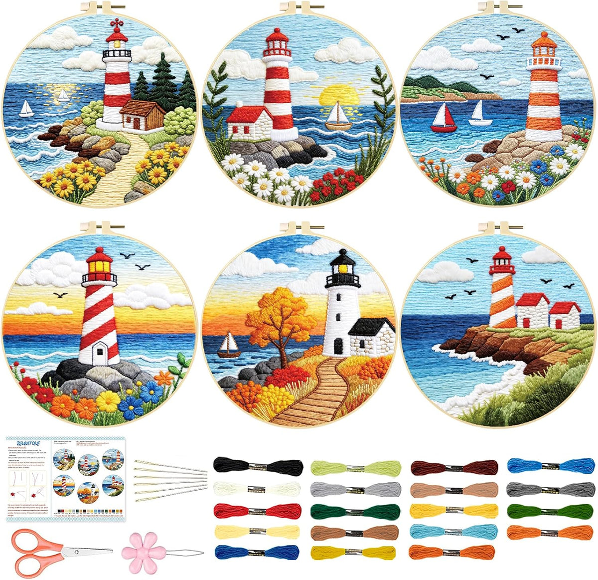 BEUNITONE 6 Set Beginner Embroidery Kit for Adults with Pre-Printed