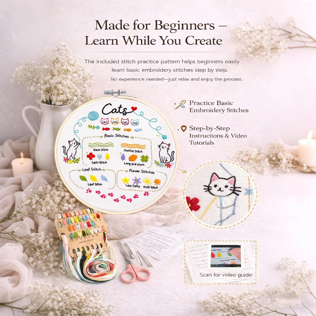 Peonfly Cat Embroidery Kit for Beginners, 4 Pack Stamped Embroidery