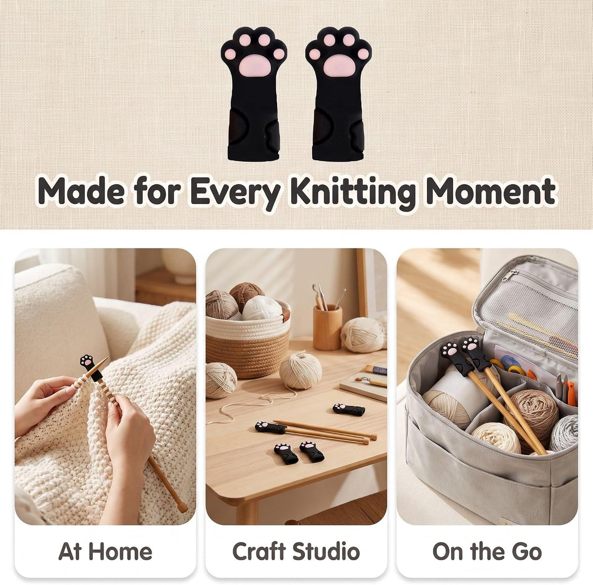 6Pcs Black Cat Paw Knitting Stitch Stoppers,Knitting Needle Tip Covers