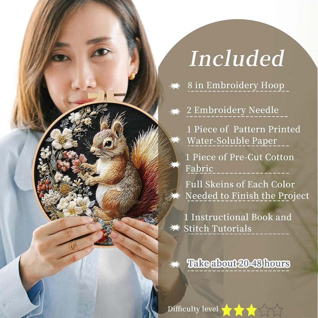 FONNUY Funny Squirrel Floral Embroidery Kit, Cross Stitch Kits for