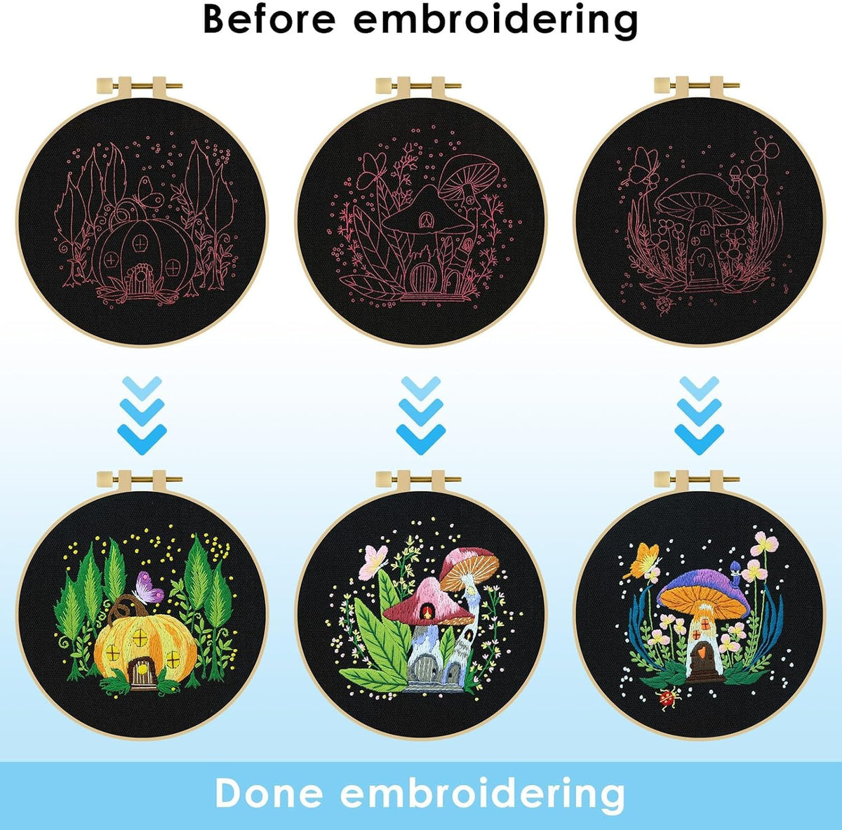 ERKOON 5 Sets Embroidery Kit for Beginners Adult Mushroom Cross Stitch