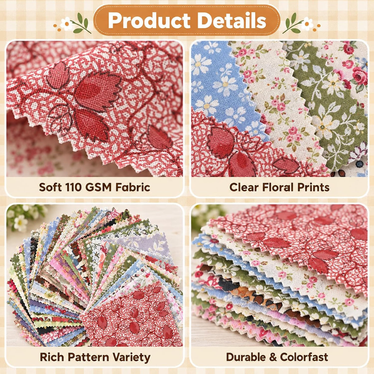 50 Pcs Vintage Fabric Squares Charm Pack Fabric Quilting Squares