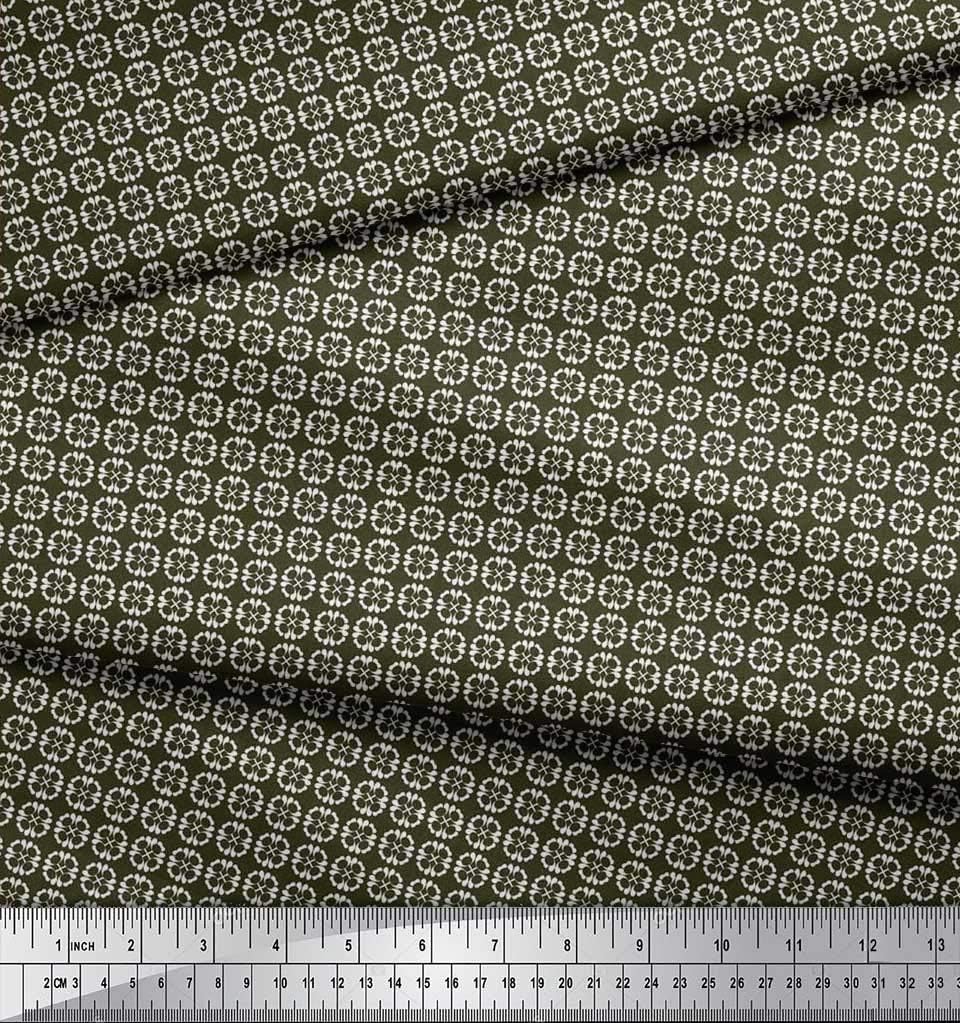Soimoi Cotton Canvas Fabric - Artistic Print, Dark Olive Greens | 56"